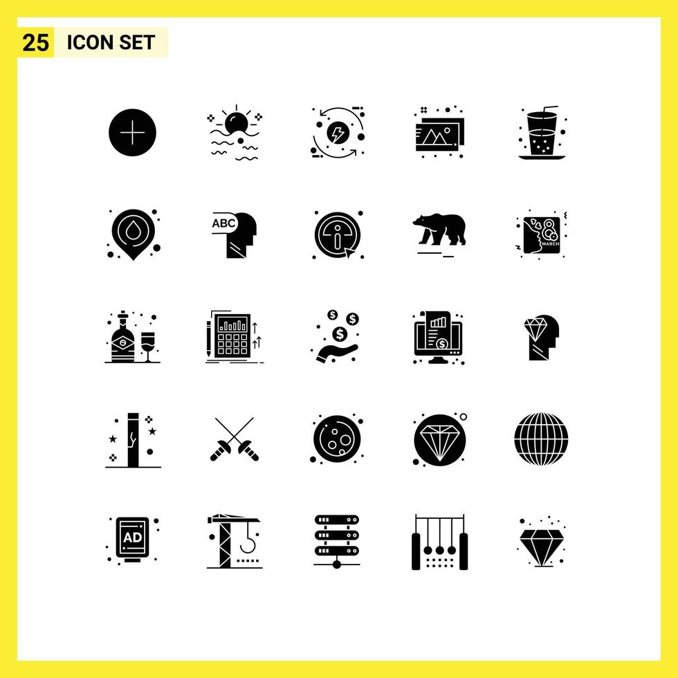 Modern Set of 25 Solid Glyphs and symbols such as drink photos process images energy Editable Vector Design Elements