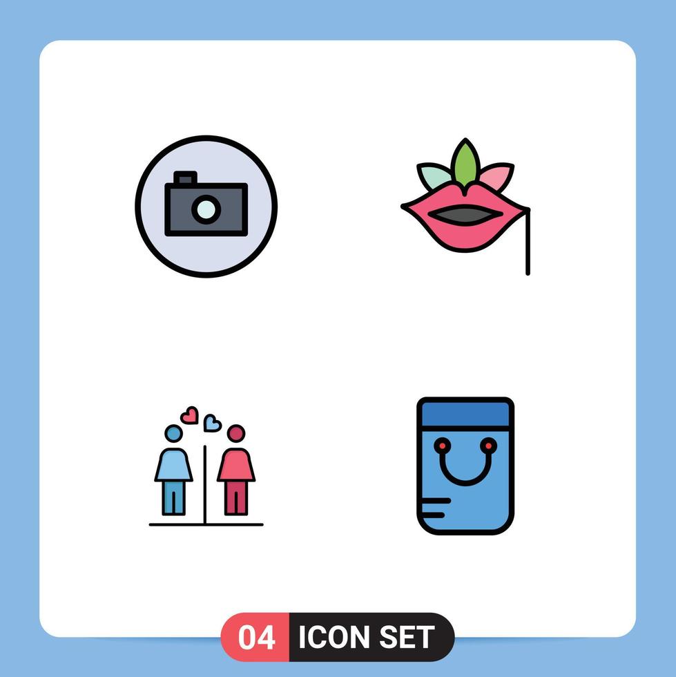 Filledline Flat Color Pack of 4 Universal Symbols of camera love multimedia plant washroom Editable Vector Design Elements