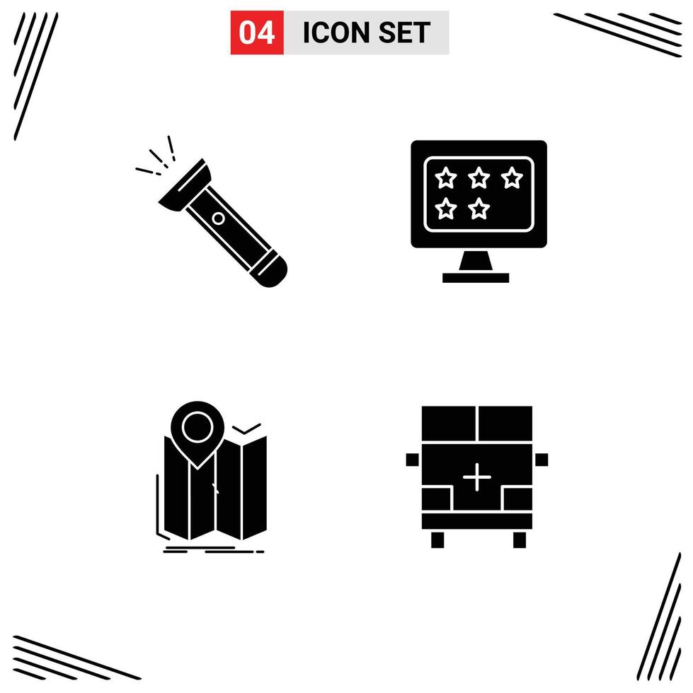 Pack of 4 creative Solid Glyphs of torch gps camping monitor map Editable Vector Design Elements