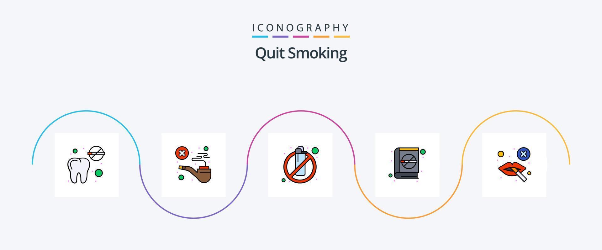 dejar de fumar paquete de iconos de 5 planos llenos de línea que incluye cigarrillos. tabaco. fuego. No Fumar. No permitido vector