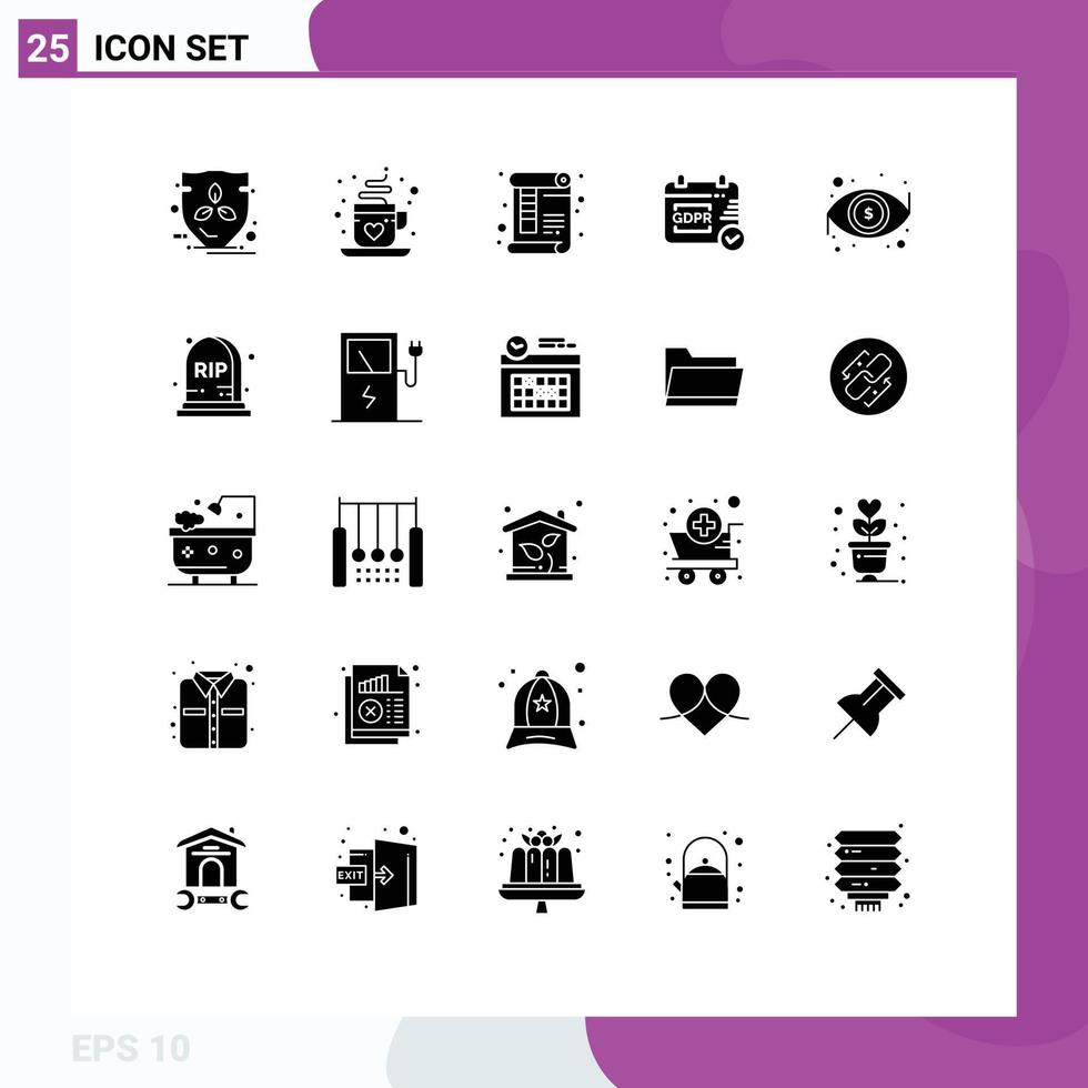 Modern Set of 25 Solid Glyphs Pictograph of eye calendar document security ruler Editable Vector Design Elements