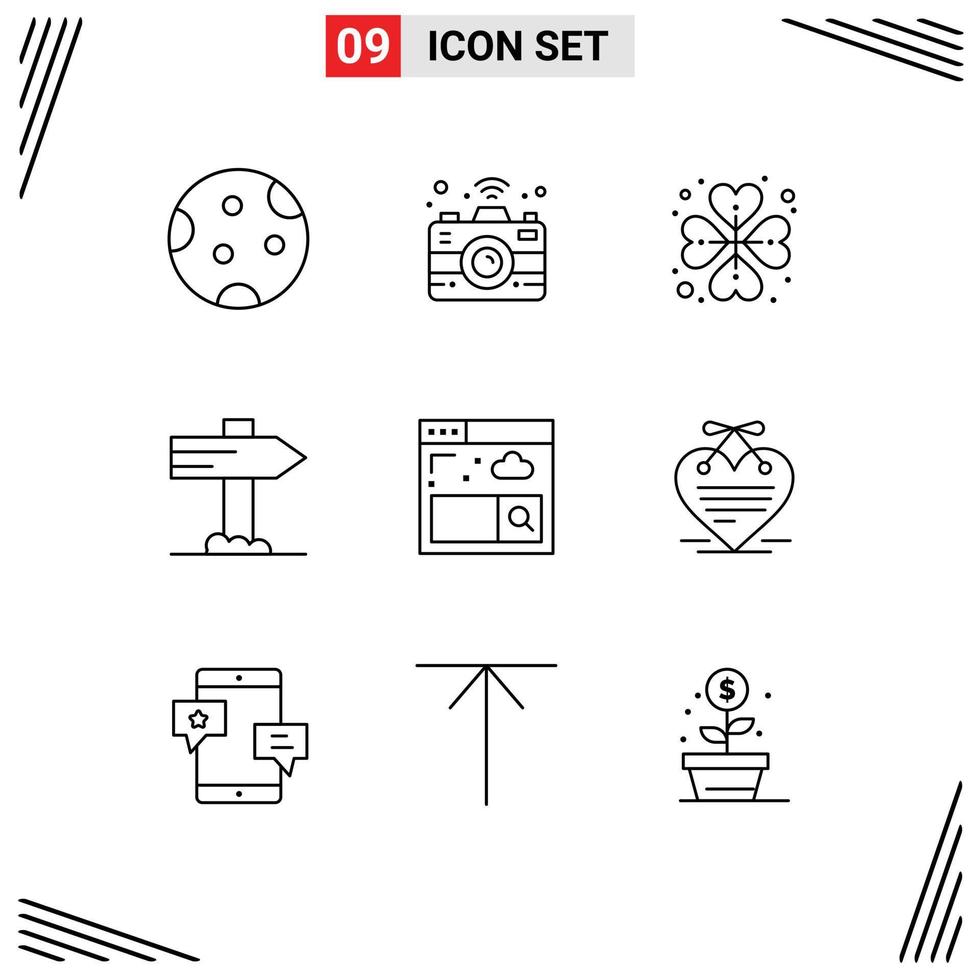 User Interface Pack of 9 Basic Outlines of search browser heart pointer direction Editable Vector Design Elements