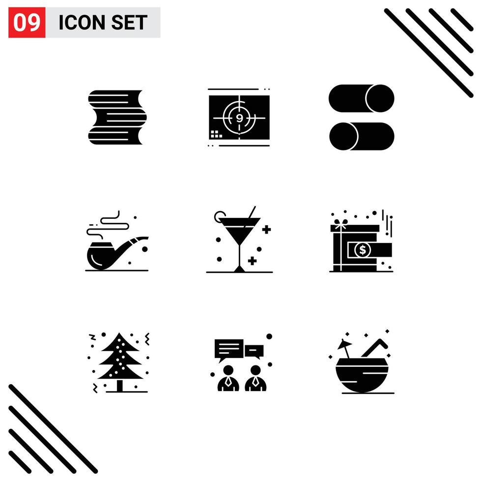 Set of 9 Vector Solid Glyphs on Grid for cocktail st ellipsis smoke settings Editable Vector Design Elements