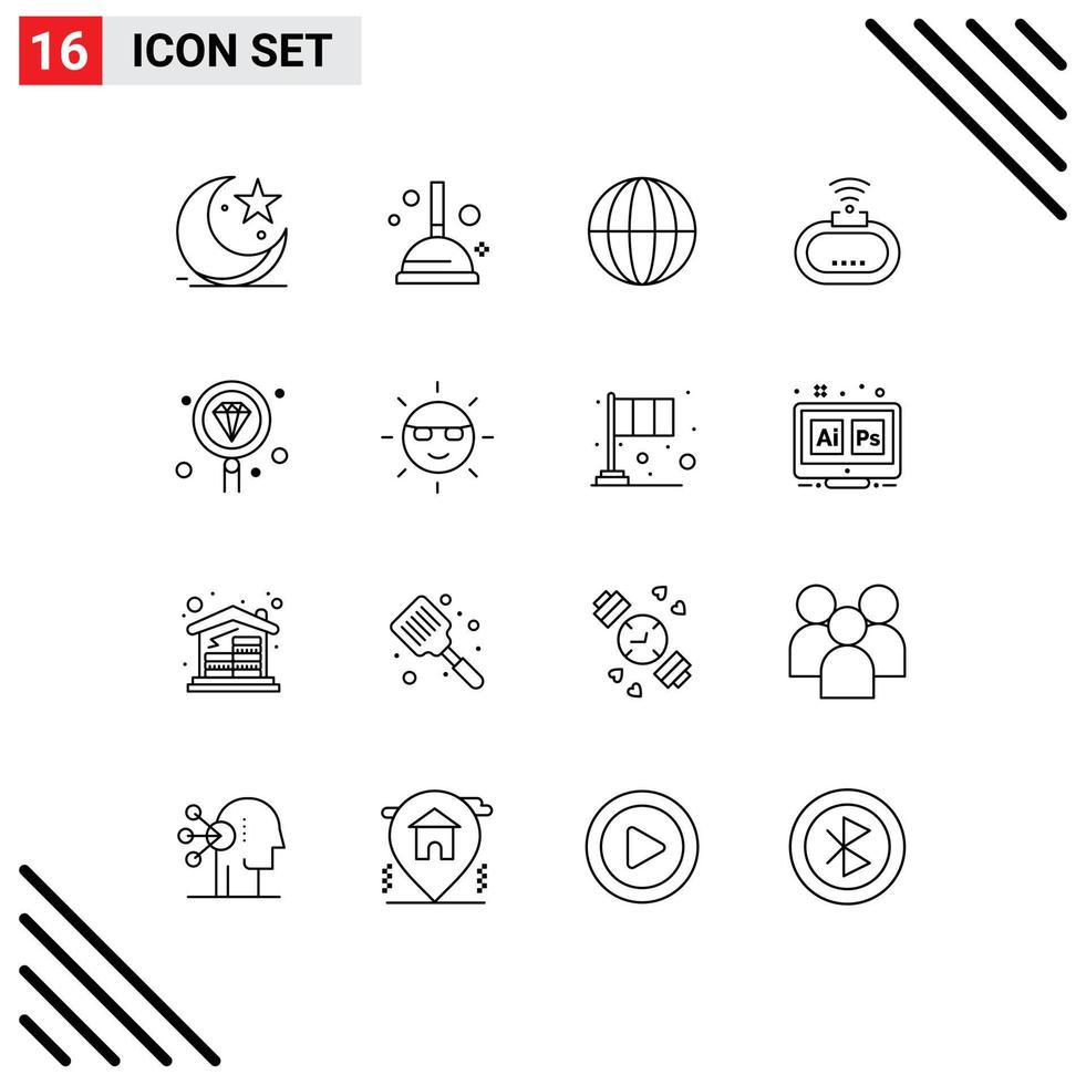 16 User Interface Outline Pack of modern Signs and Symbols of develop signal earth wifi device Editable Vector Design Elements