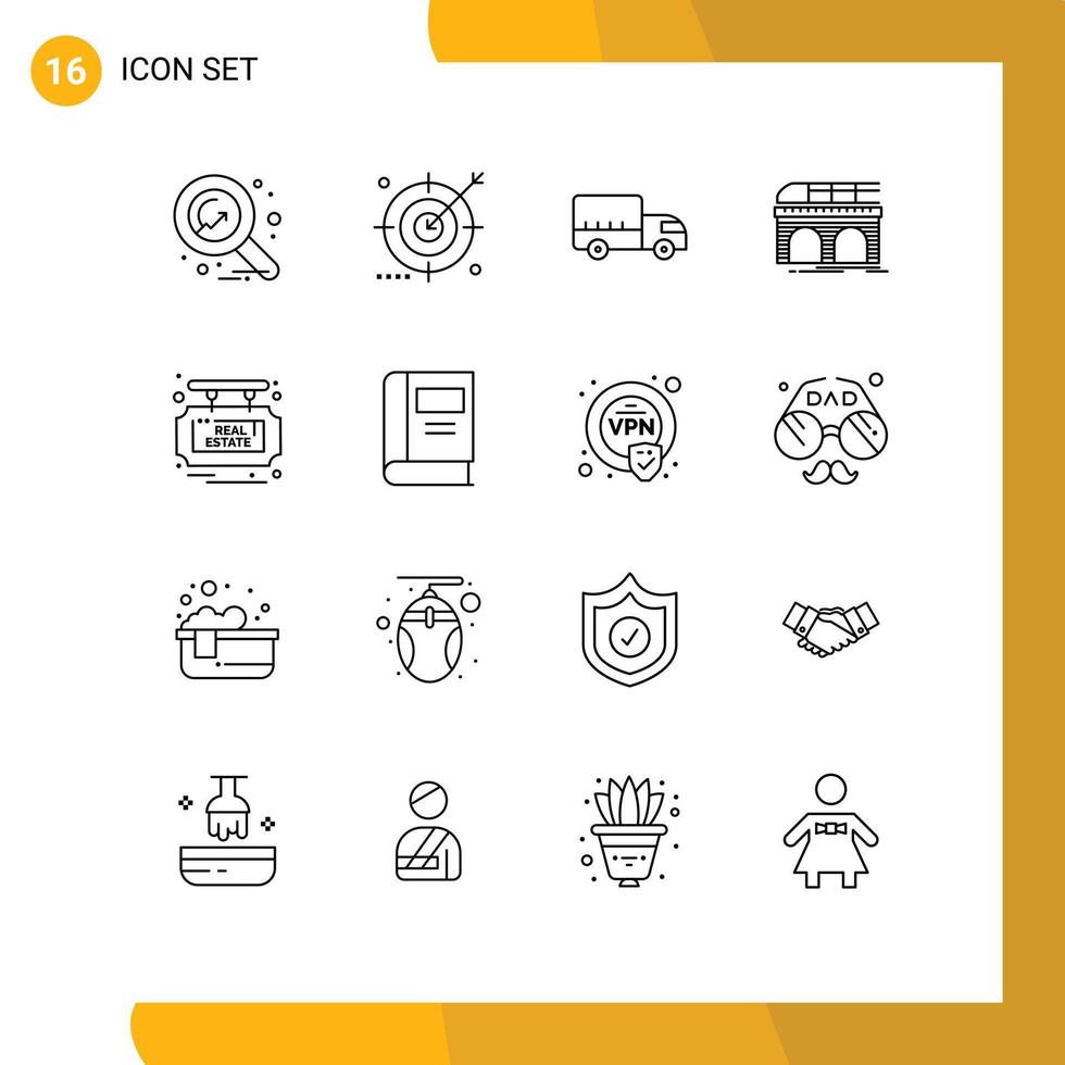 Universal Icon Symbols Group of 16 Modern Outlines of transport railway search railroad truck Editable Vector Design Elements