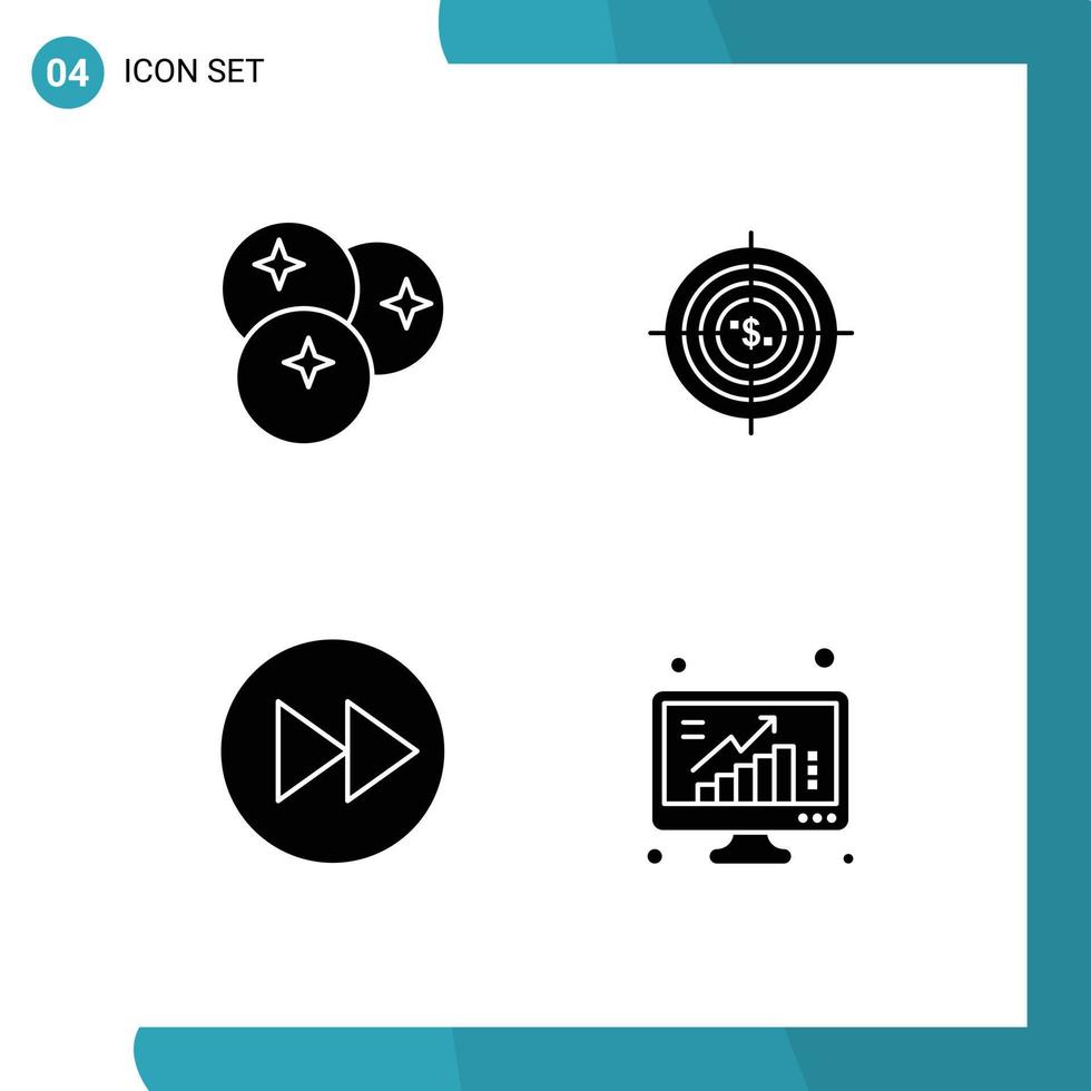 conjunto de glifos sólidos de interfaz móvil de 4 pictogramas de frutas financieras de arándanos objetivo de caza elementos de diseño vectorial editables vector