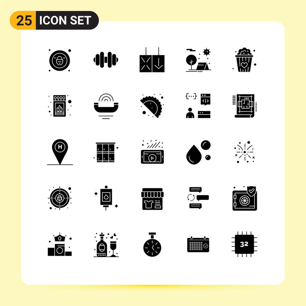 Modern Set of 25 Solid Glyphs Pictograph of fire snacks love adventure popcorn sun Editable Vector Design Elements
