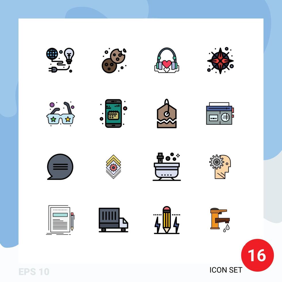 Modern Set of 16 Flat Color Filled Lines and symbols such as location gps food compass loving Editable Creative Vector Design Elements
