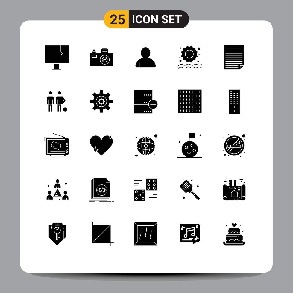 25 User Interface Solid Glyph Pack of modern Signs and Symbols of paper homework account data sun Editable Vector Design Elements