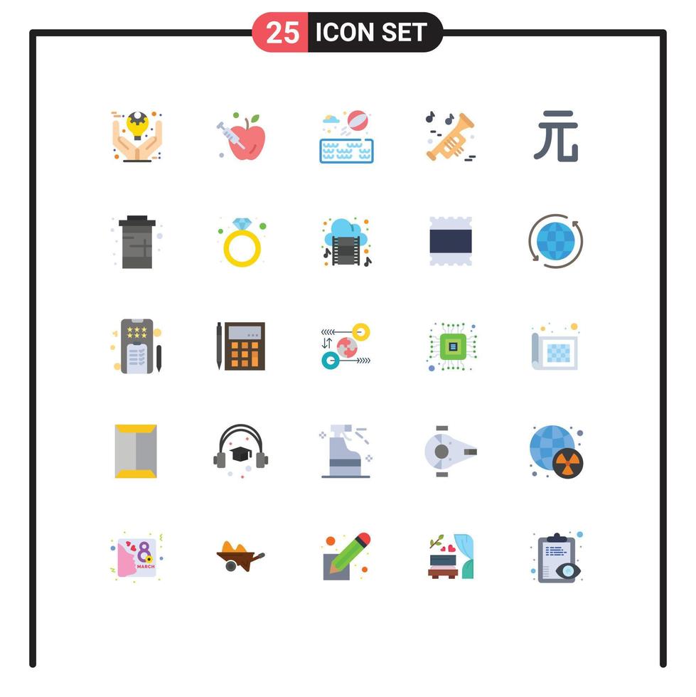 25 Universal Flat Color Signs Symbols of yuan currency beach ball university music Editable Vector Design Elements