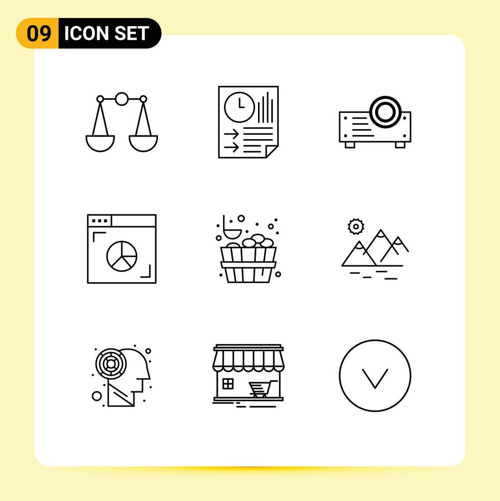 Editable Vector Line Pack of 9 Simple Outlines of stone bucket device marketing graph Editable Vector Design Elements