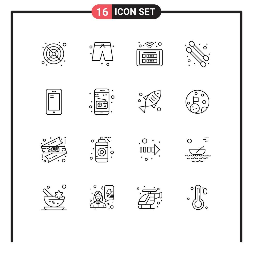 User Interface Pack of 16 Basic Outlines of samsung mobile panel smart phone cotton swab Editable Vector Design Elements