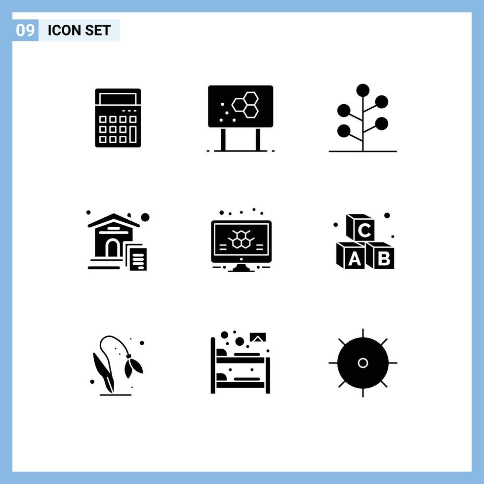 Mobile Interface Solid Glyph Set of 9 Pictograms of atom document pencil house tree Editable Vector Design Elements
