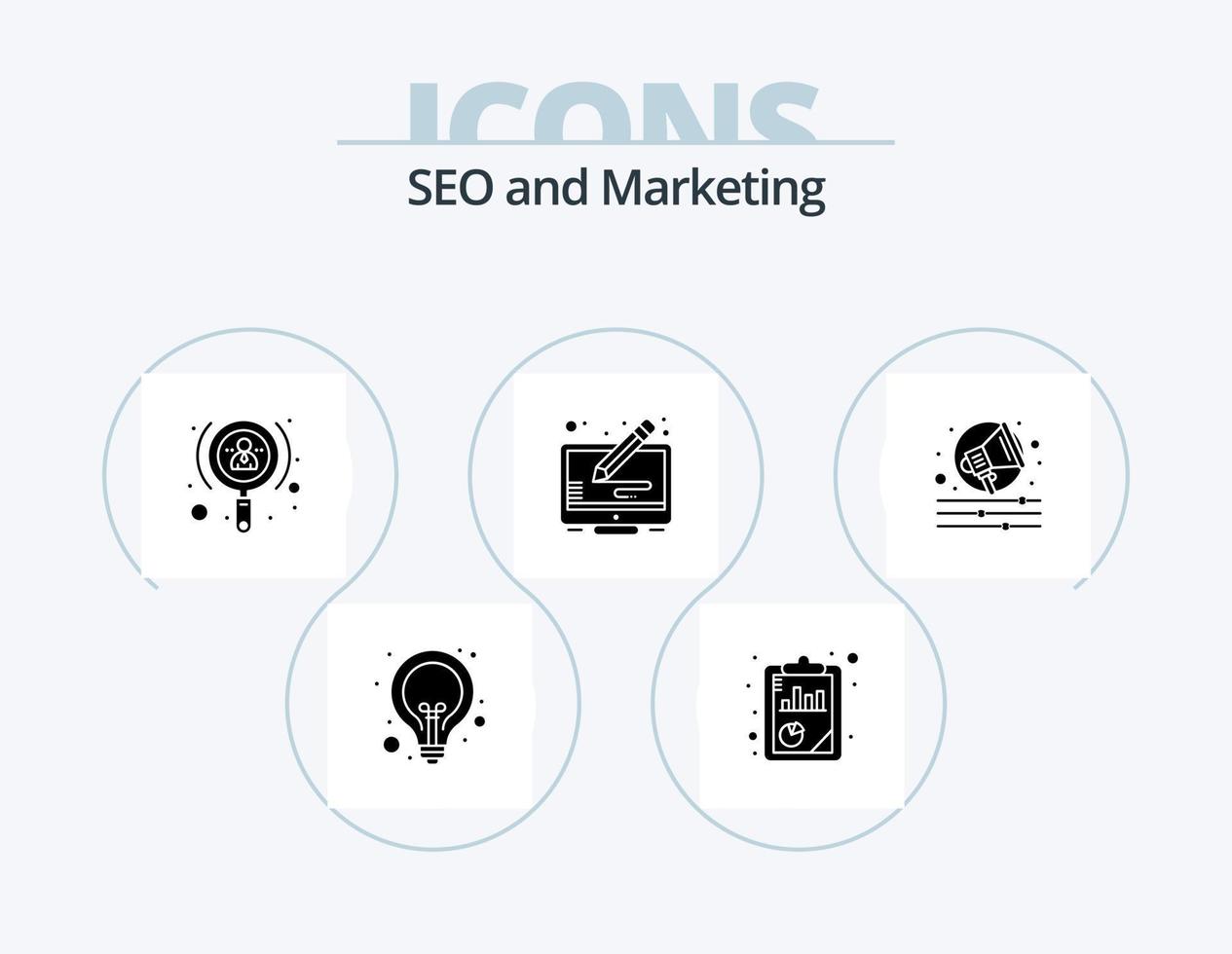 Seo Glyph Icon Pack 5 Icon Design. alert. display. seo analysis. copyright. user vector