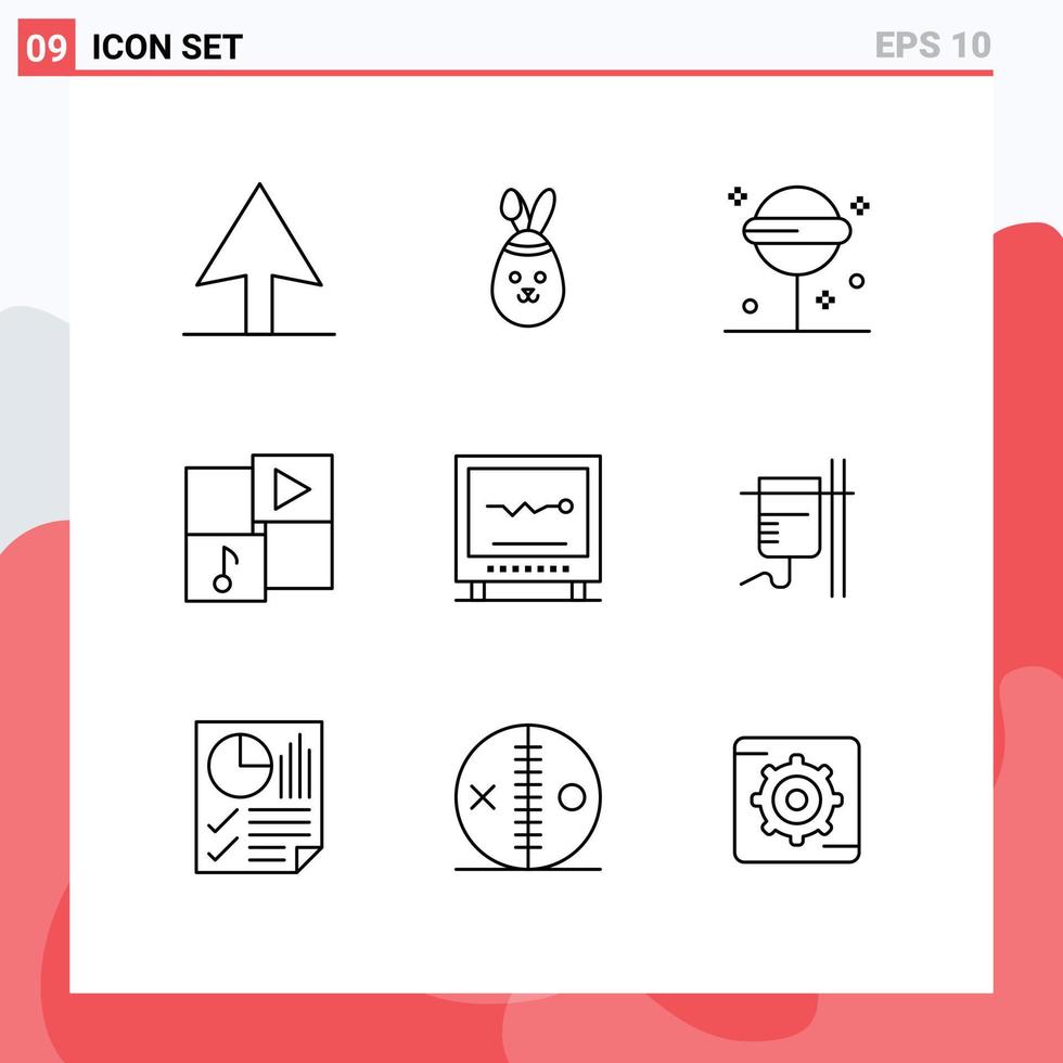 Set of 9 Modern UI Icons Symbols Signs for healthcare heartbeat media health cardiogram Editable Vector Design Elements