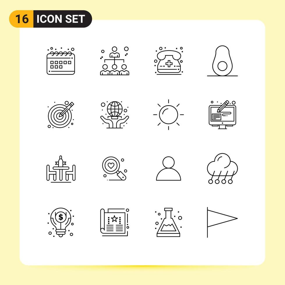 User Interface Pack of 16 Basic Outlines of target design call fruit avocado Editable Vector Design Elements