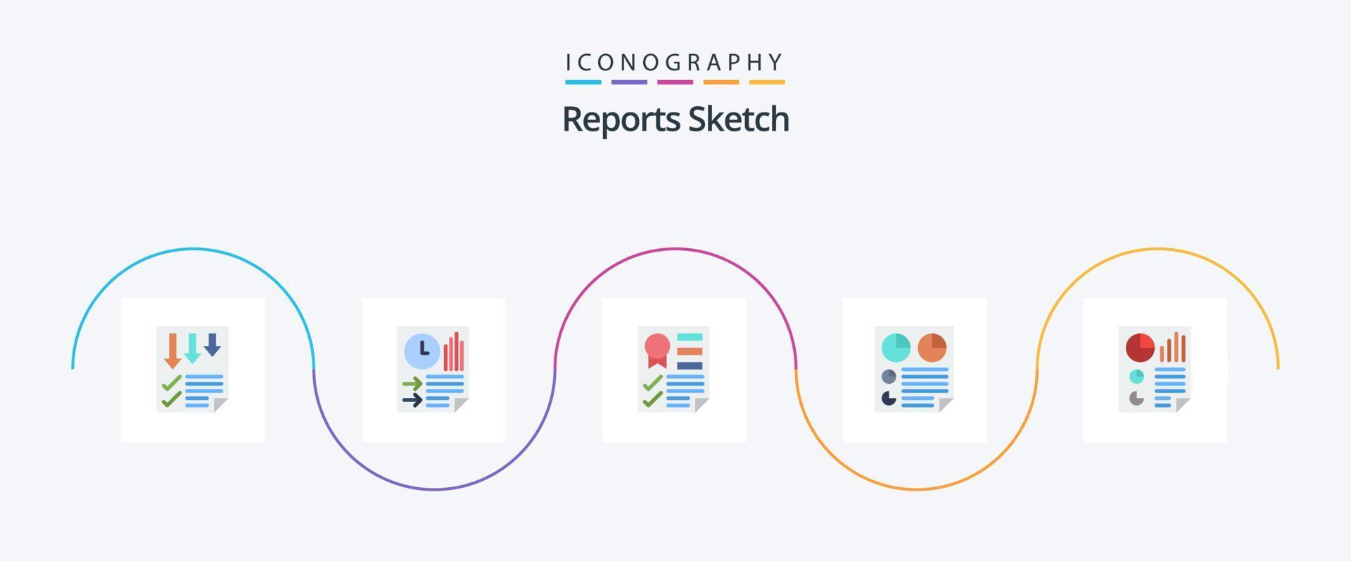 Paquete de iconos planos de 5 bocetos de informes que incluye la página. datos. papel. cinta. página vector