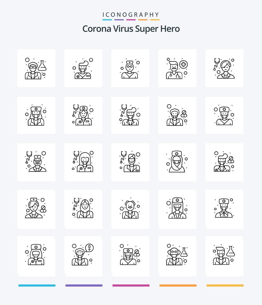 paquete de iconos de contorno creativo corona virus super hero 25 como niña. gente. médico. hombre. avatar vector