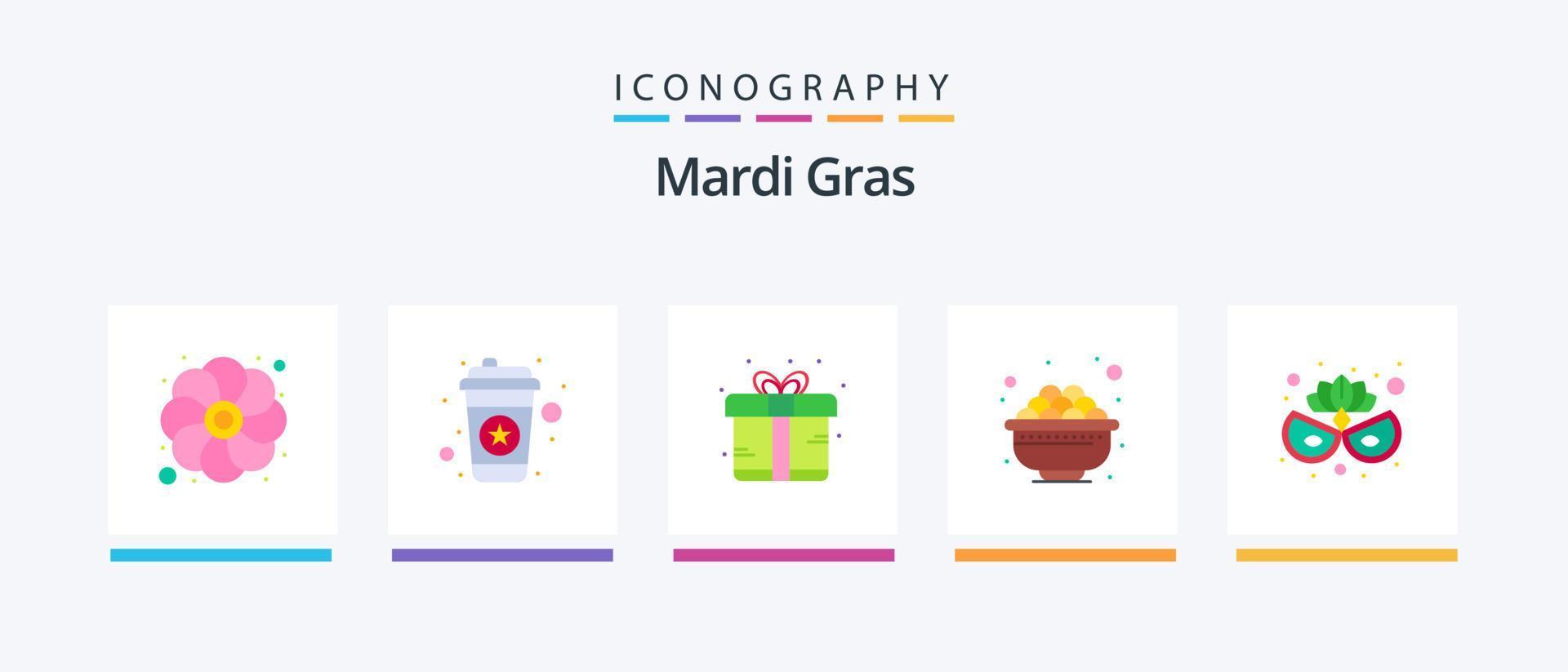 paquete de iconos mardi gras flat 5 que incluye disfraz. hierba caja. alimento. cuenco. diseño de iconos creativos vector