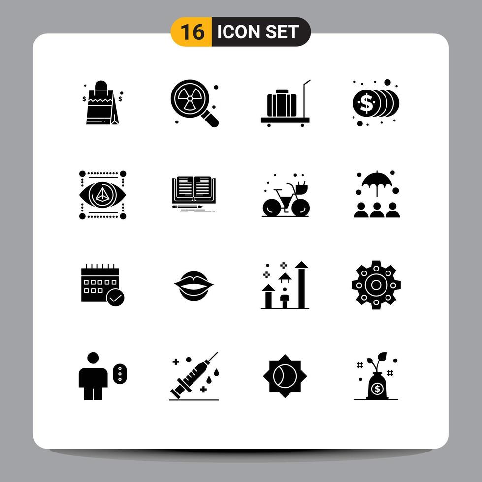 Pack of 16 creative Solid Glyphs of gadget money baggage investment coins Editable Vector Design Elements