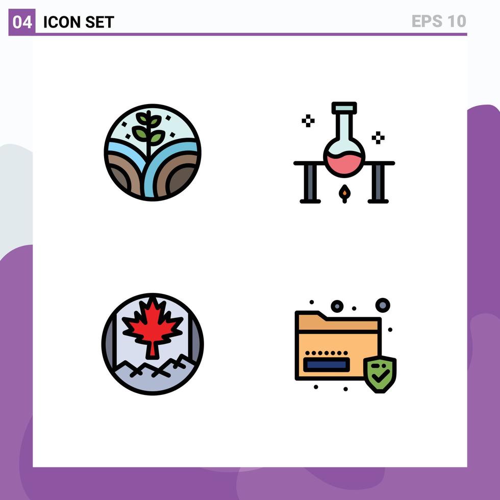 conjunto moderno de 4 colores planos y símbolos de línea de relleno, como elementos de diseño de vectores editables de datos de experimentos de ciencia de laboratorio de hojas ambientales