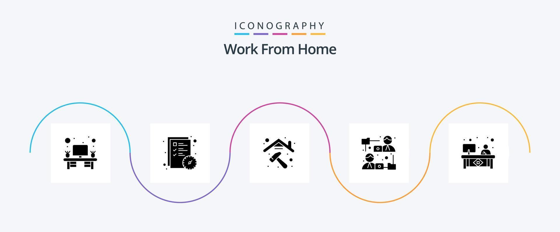 trabajar desde el paquete de iconos de glifo 5 de casa, incluido el lugar de trabajo. escritorio. construcción. compartición de archivos. Internet vector