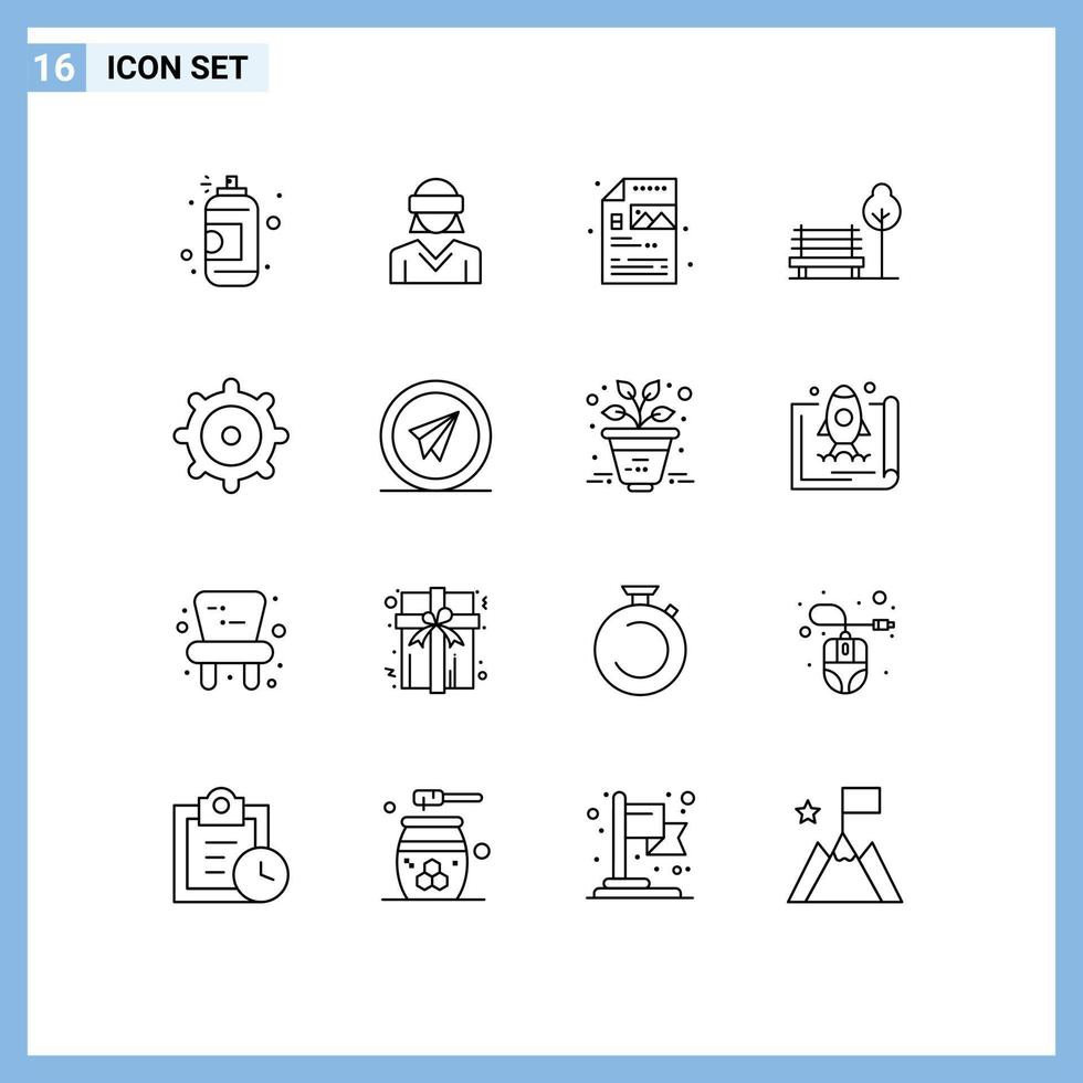 Pack of 16 Modern Outlines Signs and Symbols for Web Print Media such as gear park woman chair image Editable Vector Design Elements