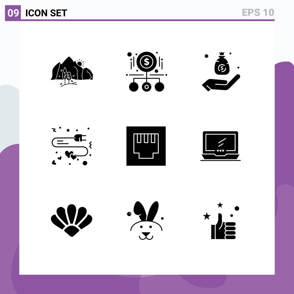 Universal Icon Symbols Group of 9 Modern Solid Glyphs of charge extension pay hand business Editable Vector Design Elements