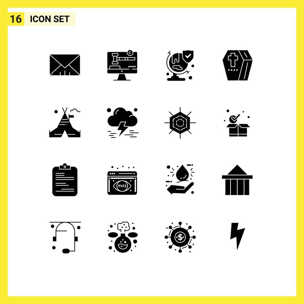 Pictogram Set of 16 Simple Solid Glyphs of tent spooky insurance scary halloween Editable Vector Design Elements