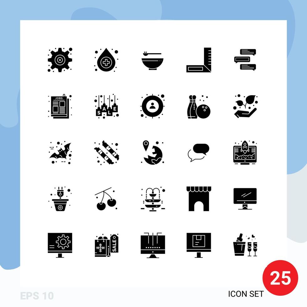 Group of 25 Modern Solid Glyphs Set for conversations bubbles food chat construction Editable Vector Design Elements