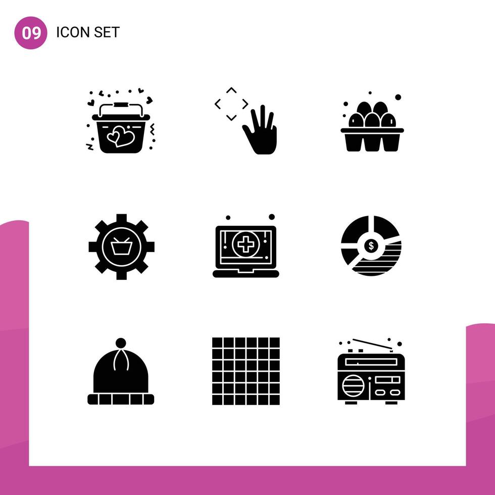 Modern Set of 9 Solid Glyphs Pictograph of setting commerce egg e cart Editable Vector Design Elements