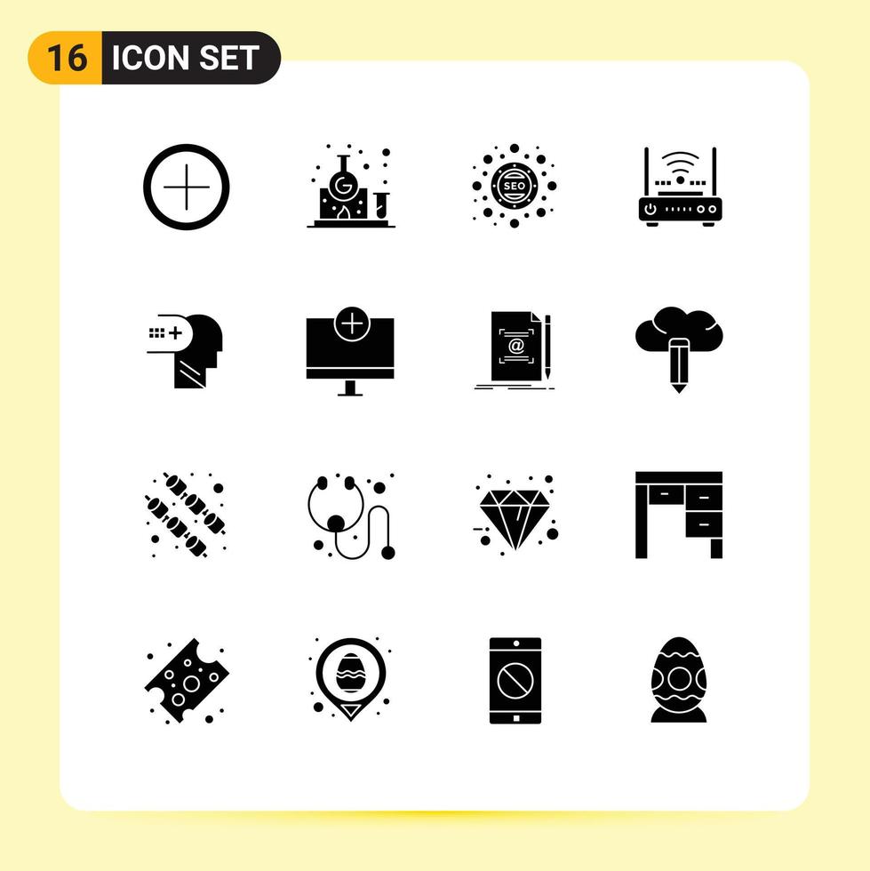 Universal Icon Symbols Group of 16 Modern Solid Glyphs of mental modem optimization internet wifi Editable Vector Design Elements