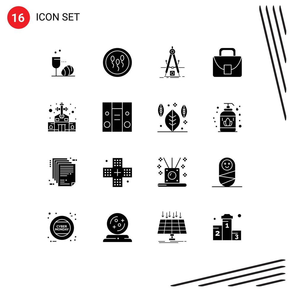 Group of 16 Solid Glyphs Signs and Symbols for global worker process bag refinement Editable Vector Design Elements