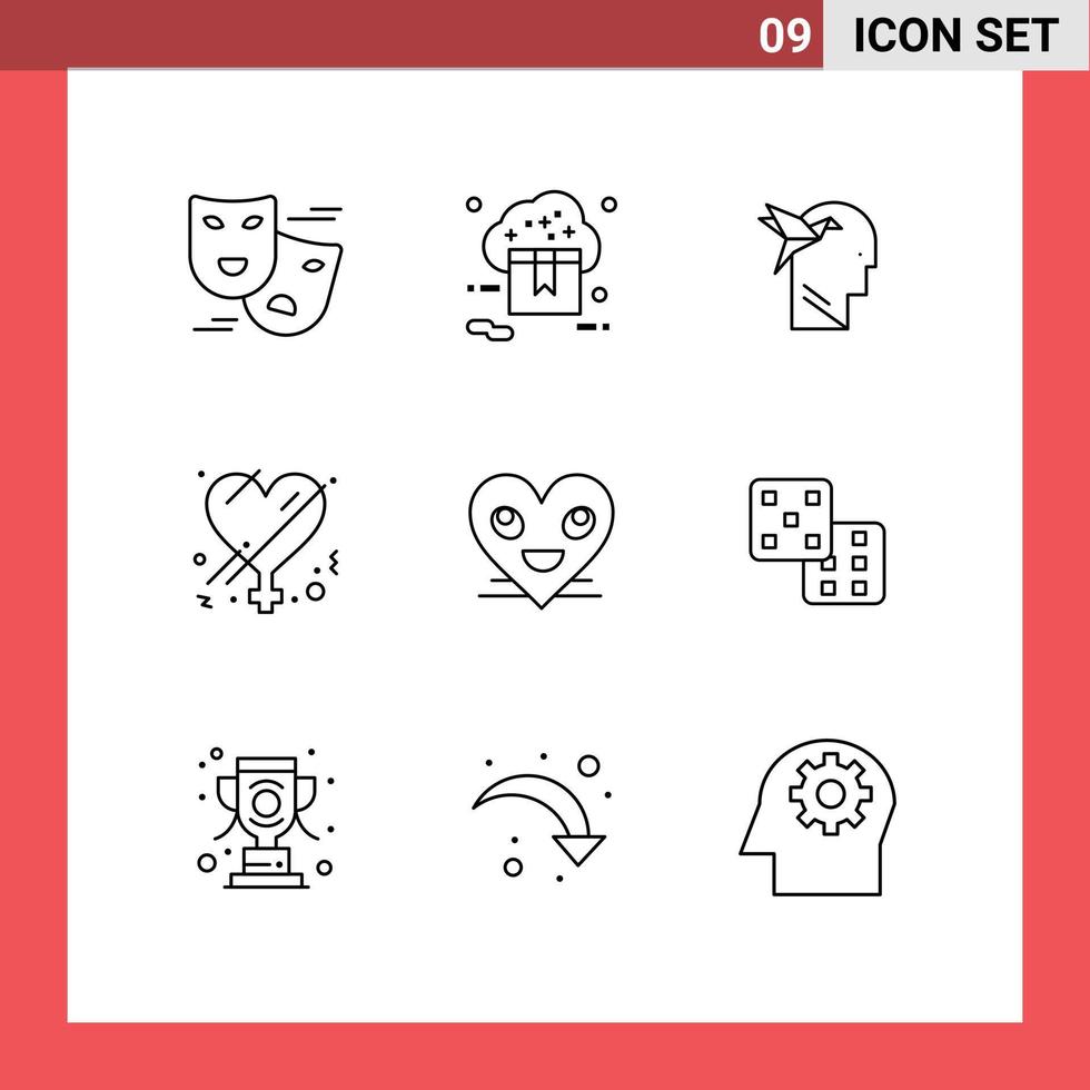 Group of 9 Outlines Signs and Symbols for heart love valentine gender brian Editable Vector Design Elements