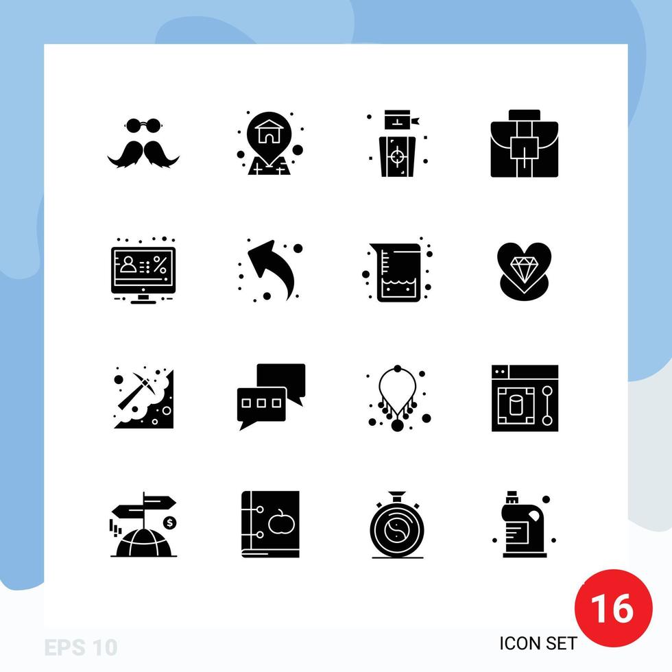 Group of 16 Modern Solid Glyphs Set for display account darts suitcase briefcase Editable Vector Design Elements