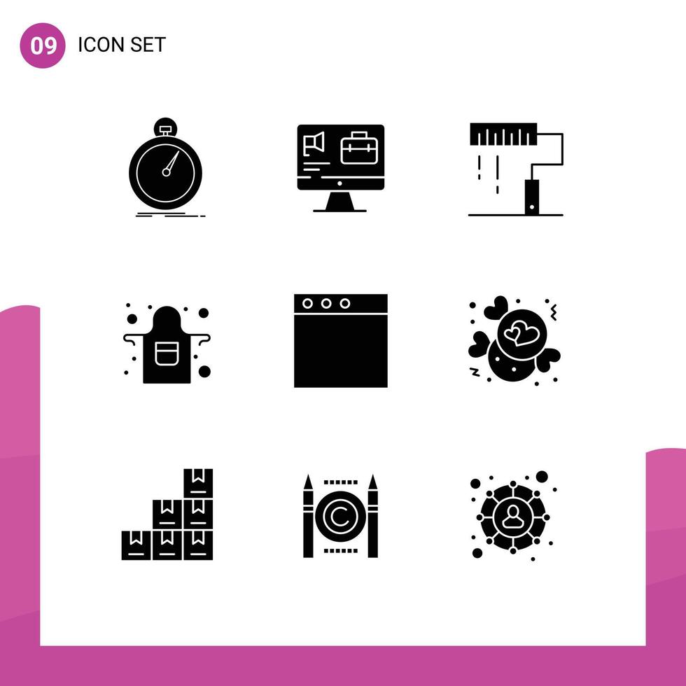 Mobile Interface Solid Glyph Set of 9 Pictograms of app cook job apron paint Editable Vector Design Elements