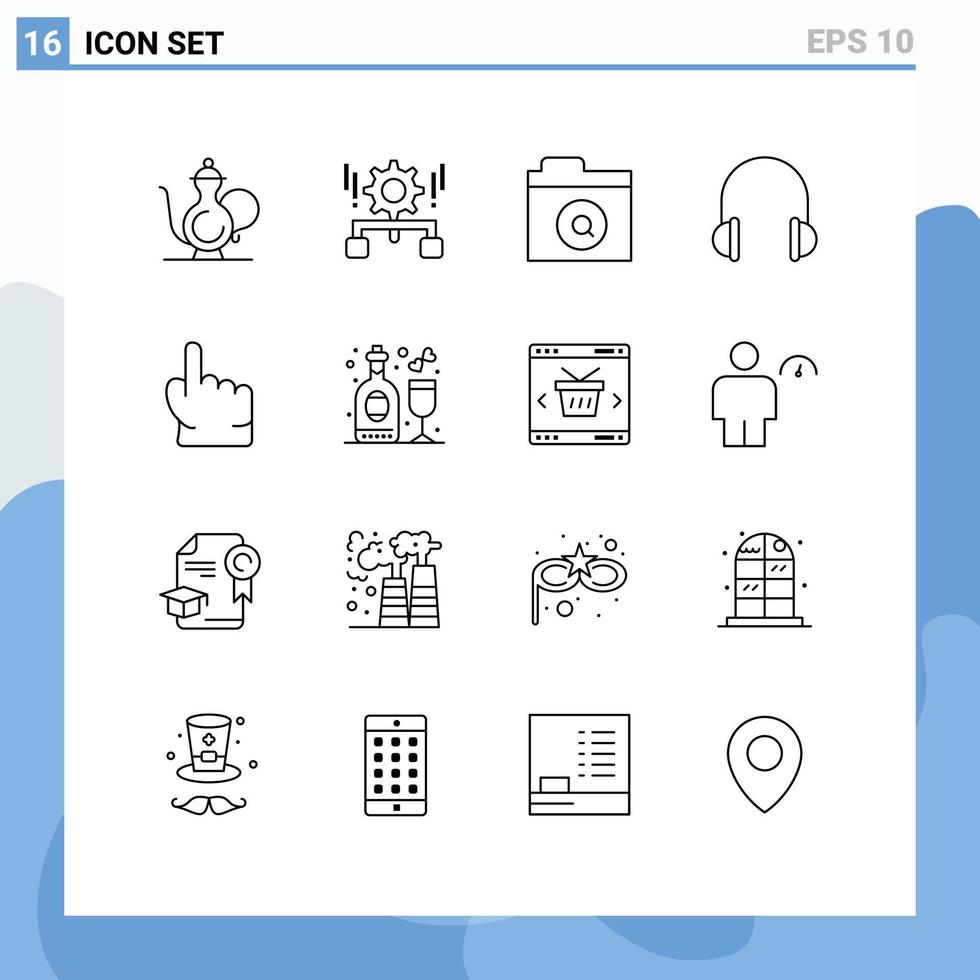 Pack of 16 Modern Outlines Signs and Symbols for Web Print Media such as sound headset setting headphones find Editable Vector Design Elements