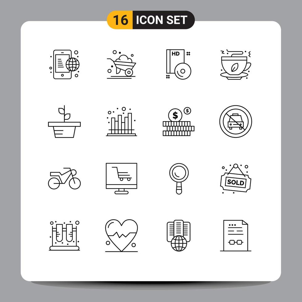 User Interface Pack of 16 Basic Outlines of growth fast food bluray coffee dvd Editable Vector Design Elements