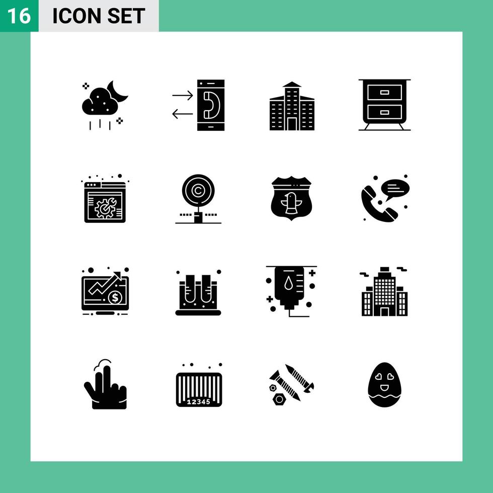 Modern Set of 16 Solid Glyphs Pictograph of webpage web options outgoing spanner drawer Editable Vector Design Elements