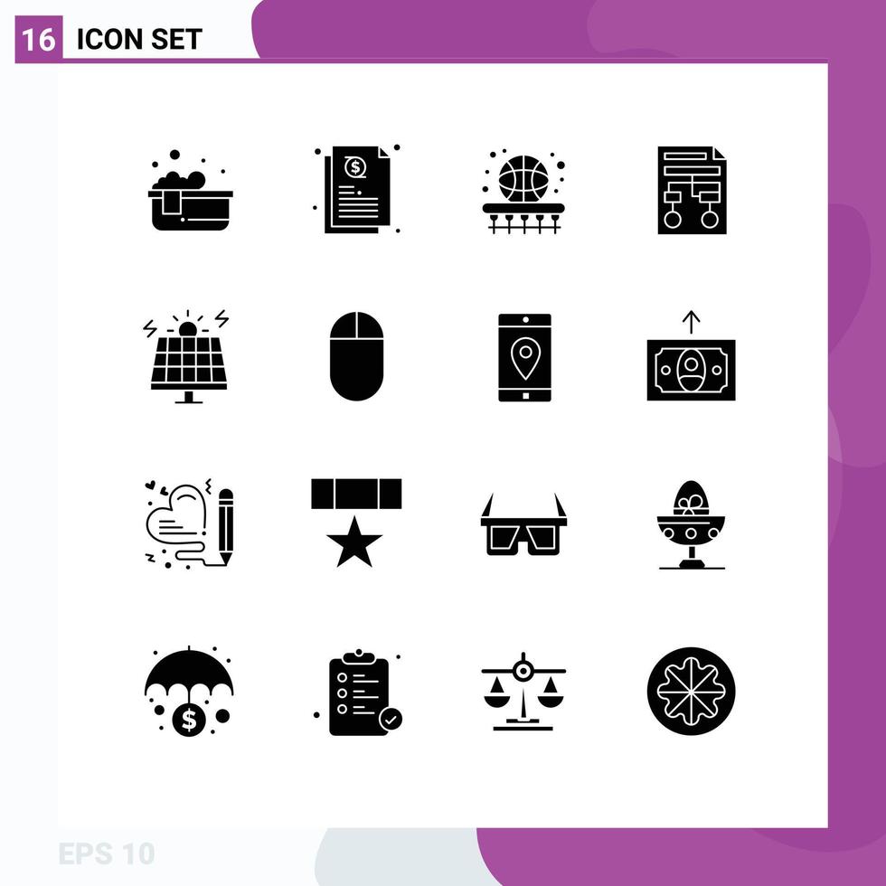 Group of 16 Modern Solid Glyphs Set for energy wireframe basket process graph Editable Vector Design Elements