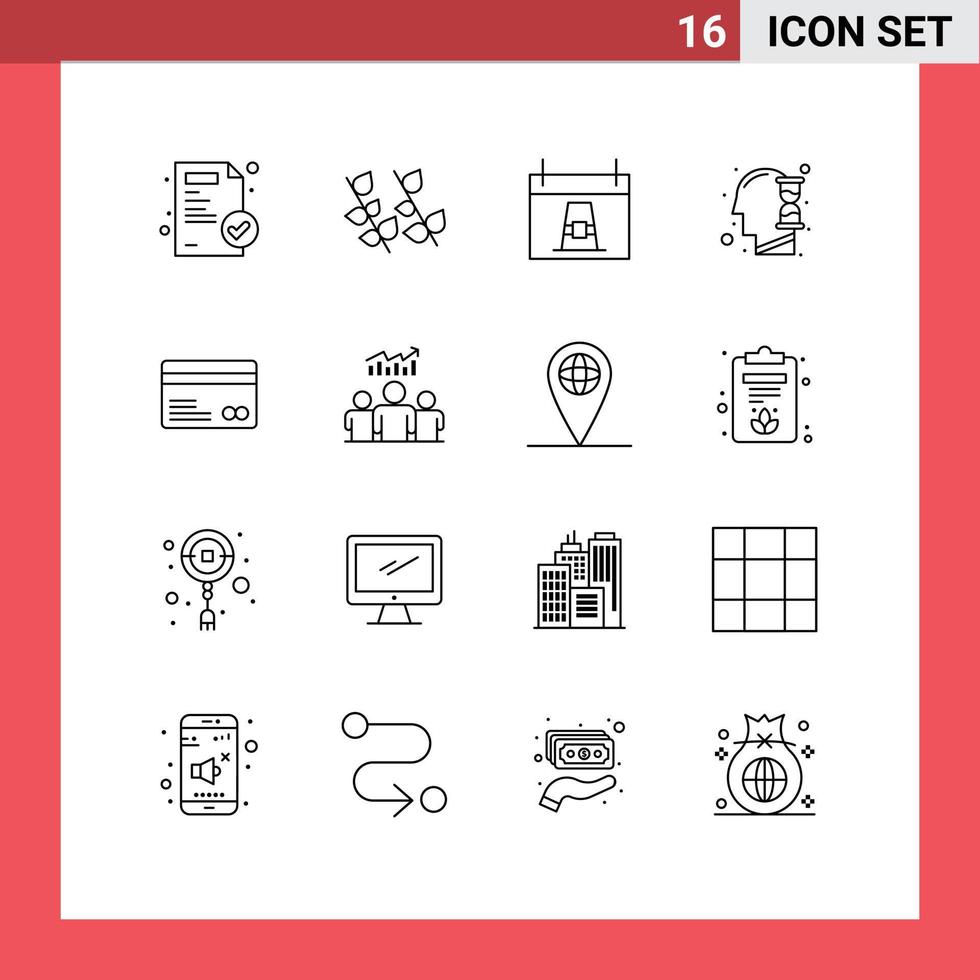 Set of 16 Vector Outlines on Grid for credit card hour glass day time human Editable Vector Design Elements