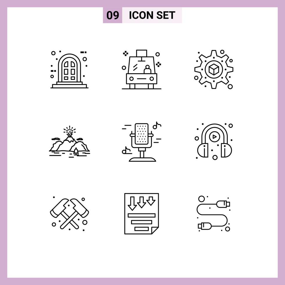 9 Thematic Vector Outlines and Editable Symbols of sound microphone setting audio mountain Editable Vector Design Elements