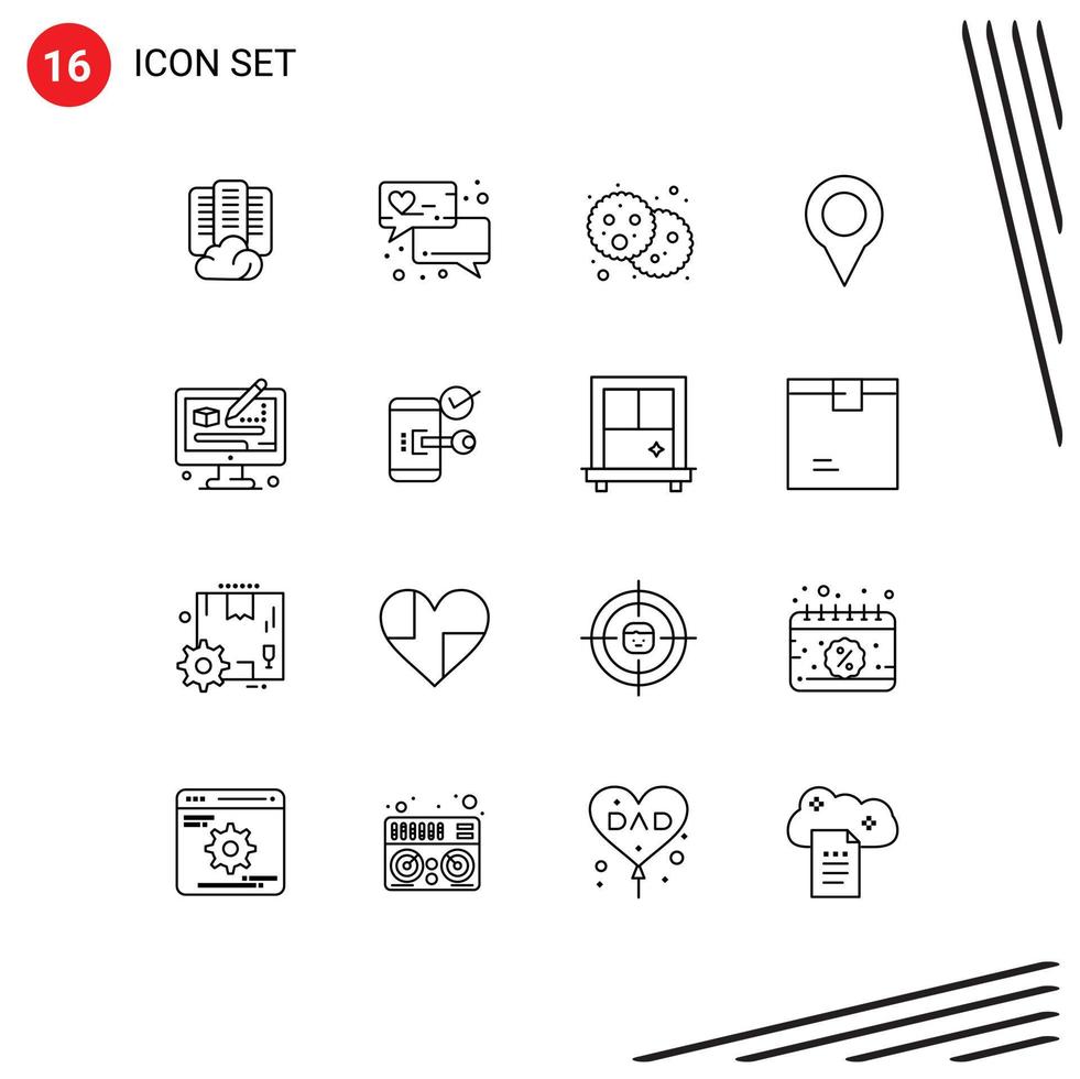 Outline Pack of 16 Universal Symbols of modeling creative food pin map Editable Vector Design Elements