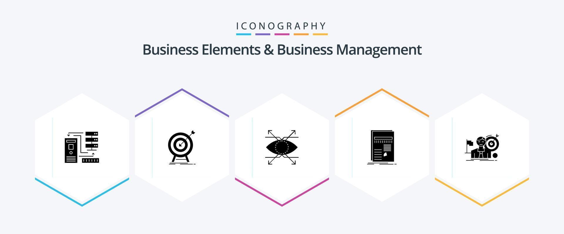 Business Elements And Business Managment 25 Glyph icon pack including report. data. success. business. look vector