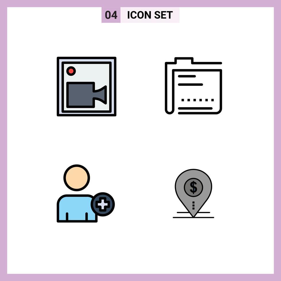 Concepto de color plano de 4 líneas completas para sitios web móviles y aplicaciones Cámara agregada en elementos de diseño de vector editables de hombre de datos de video
