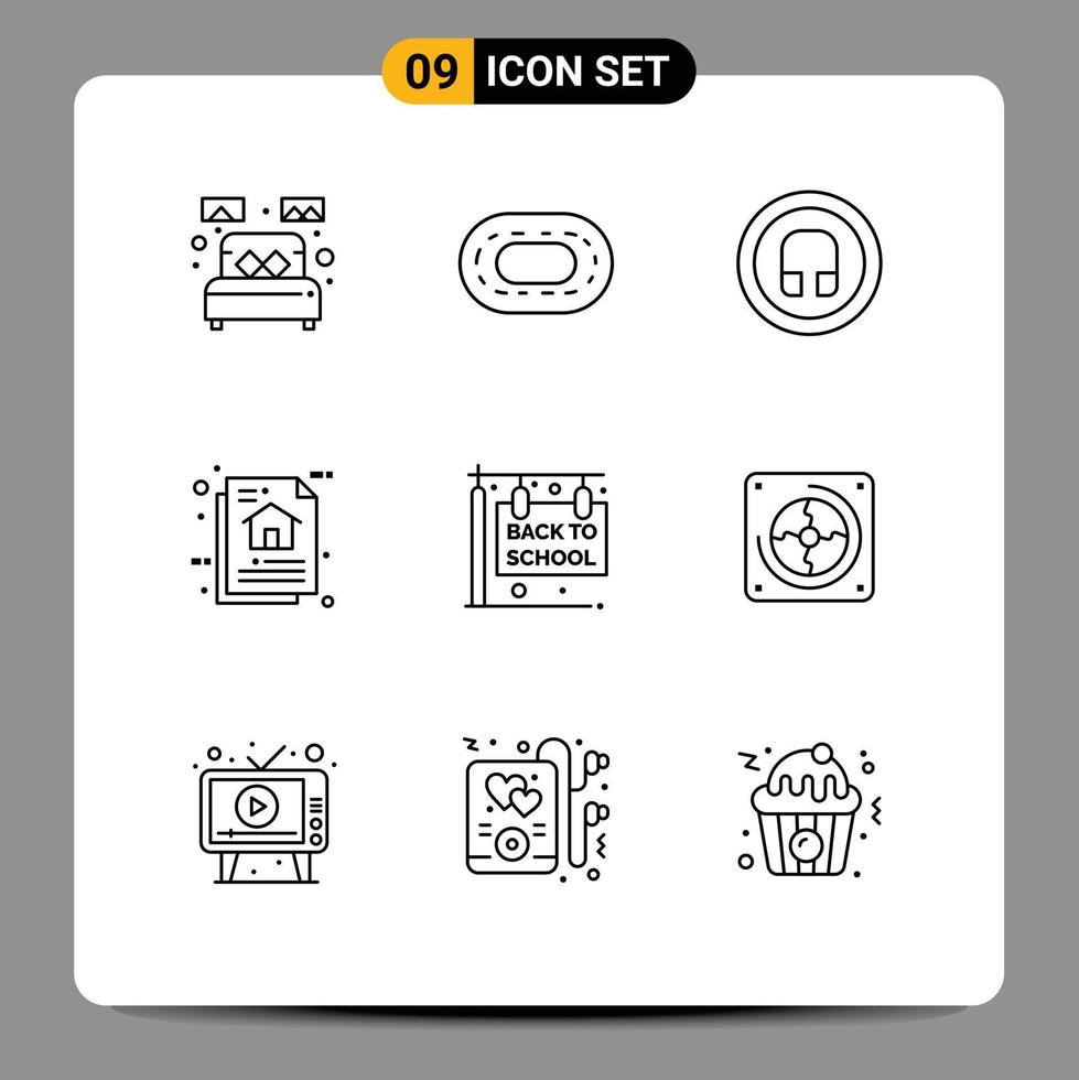 User Interface Pack of 9 Basic Outlines of back to school document earphone data architecture architecture Editable Vector Design Elements
