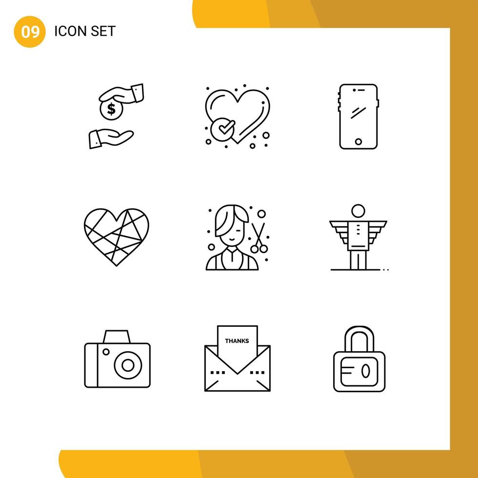 Set of 9 Modern UI Icons Symbols Signs for favorite love like heart android Editable Vector Design Elements