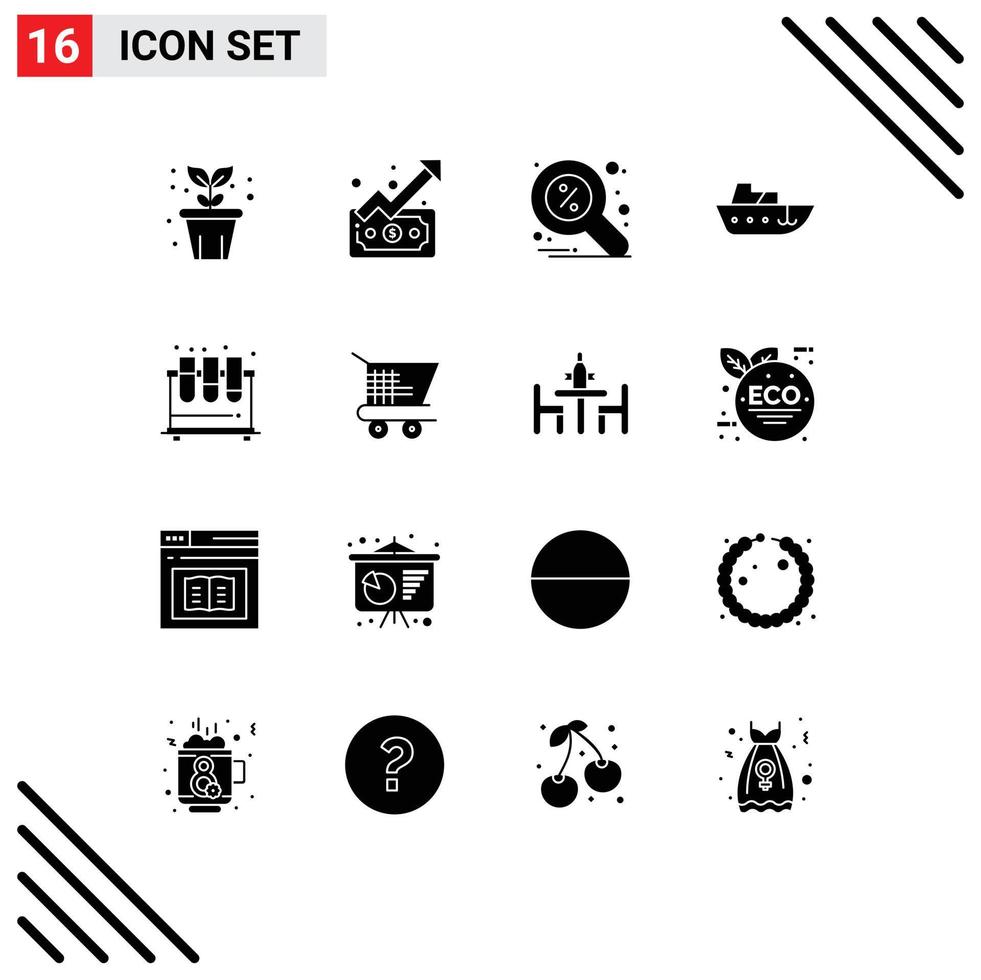 Pack of 16 Modern Solid Glyphs Signs and Symbols for Web Print Media such as test yacht discount vessel boat Editable Vector Design Elements