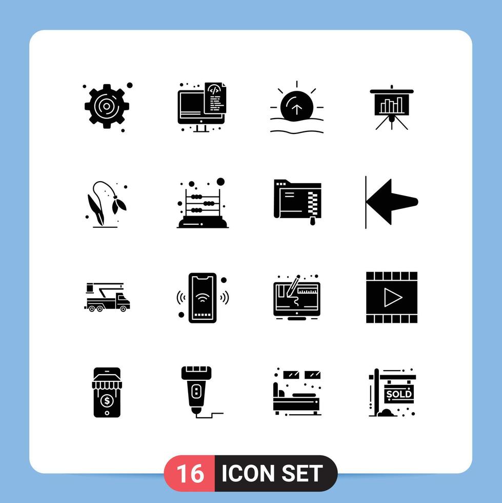 Group of 16 Solid Glyphs Signs and Symbols for nature flower sun report blackboard Editable Vector Design Elements
