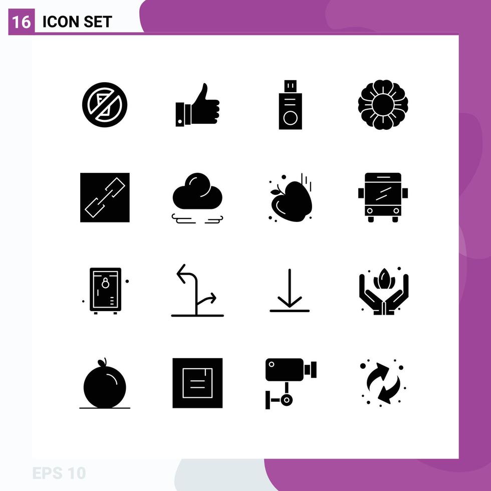 16 User Interface Solid Glyph Pack of modern Signs and Symbols of wind connect disk chain nature Editable Vector Design Elements